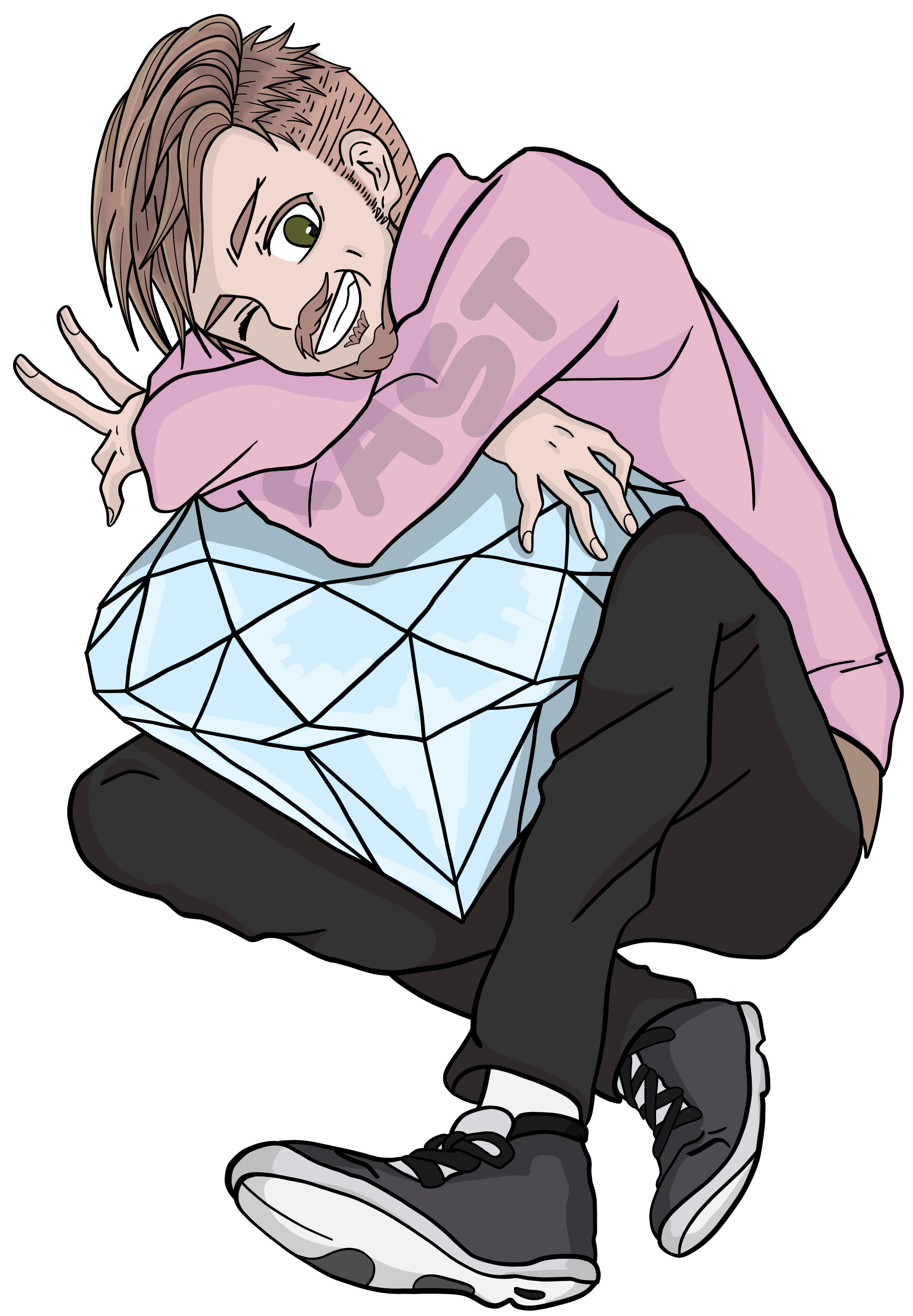 An illustration of Anthony floating while holding a diamond